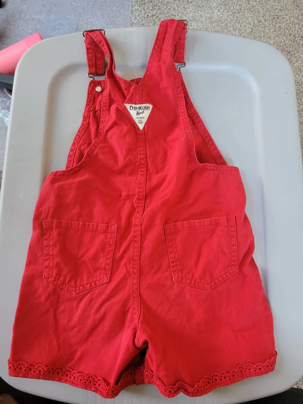 Vintage OshKosh B'Gosh Red Shortalls Girls Size 5T Lace Trim Overalls Romper